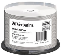 DVD-R disk, potlaiten, matn, no-ID, 4,7GB, 16x, 50 ks, cake box, VERBATIM