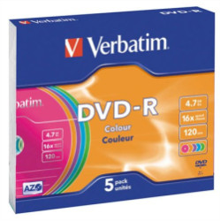 DVD-R disk, farebn, AZO, 4,7GB, 16x, 5 ks, tenk obal, VERBATIM