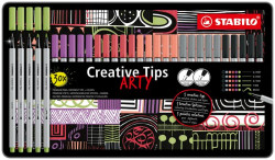Liner, sada, v kovovej krabike, STABILO "Creative Tips ARTY", 6 rznych pastelovch farieb, 5 rznych hrbok