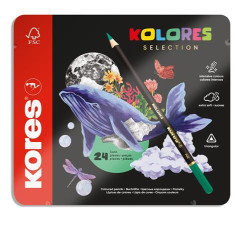 Farebn ceruzky, sada, trojhrann, kovov krabica, KORES "Kolores Selection", 24 rznych farieb