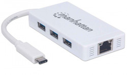 USB HUB, pripojenie USB-C, 3xUSB 3.0, adaptr Gigabit Ethernet, MANHATTAN, biela