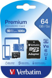 Pamä�ová karta, microSDXC, 64GB, CL10/U1, 90/10 MB/s, s adaptérom, VERBATIM "Premium"