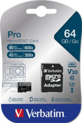 Pamov karta, microSDXC, 64 GB, CL10/U3, 90/45 MB/s, s adaptrom, VERBATIM "PRO"