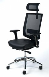 Exkluzívna kancelárska stolička s opierkou hlavy, čierna koža, sieťové operadlo,hliníkový podstavec, MAYAH "Maxy"