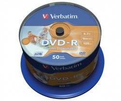DVD-R disk, potlačiteľný, matný, no-ID, 4,7GB, 16x, 50 ks, cake box, VERBATIM