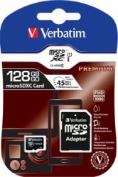 Pamäťová karta, microSDXC, 128GB, CL10/U1, 90/10 MB/s, s adaptérom, VERBATIM "Premium"