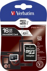 Pamäťová karta, microSDHC, 16GB, CL10/U1, 45/10 MB/s, s adaptérom, VERBATIM "Premium"