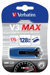 USB kľúč, 128GB, USB 3.2, 175/80 MB/sec, VERBATIM "V3 MAX", modro-čierna
