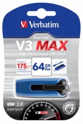 USB kľúč, 64GB, USB 3.2, 175/80 MB/sec, VERBATIM "V3 MAX", modro-čierna