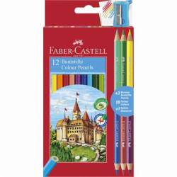 Farebn ceruzky, sada, eshrann, FABER-CASTELL, 12 rznych farieb + 3 ks bicolor ceruziek