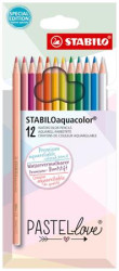 Akvarelové ceruzky, sada, STABILO "Aquacolor Pastellove", 12 rôznych farieb