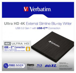 Blu-ray napa¾ovaèka, (externá), 4K Ultra HD, USB 3.1 GEN 1 USB-C, VERBATIM "Slimline"